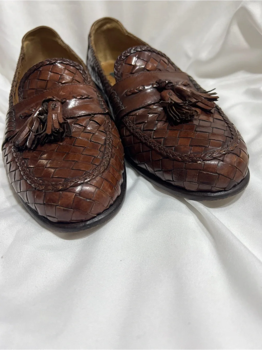 Men's Brown Woven Leather Tassel Loafers Zelli 11.5
